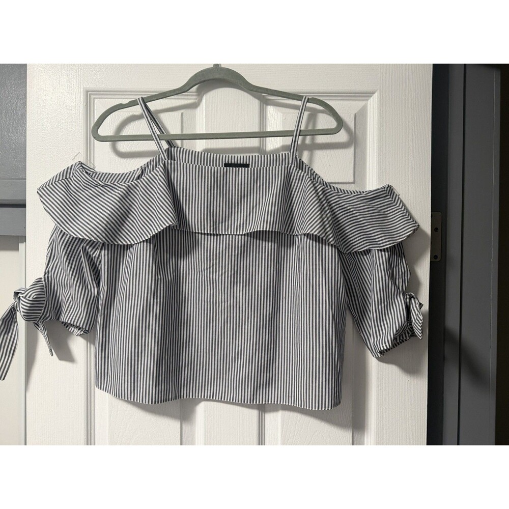 Topshop Blue White Striped Off Shoulder Crop Top Tie Sleeve Women’s Size 8